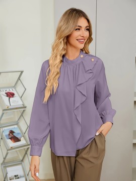 Solid Color Ruffle Trim Blouse, Elegant Button Long Sleeve Blouse For Spring & Fall, Women's Clothing
