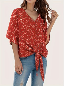 Floral Print Lace Up Blouse, Casual Short Sleeve V-neck Blouse, Women's Clothing