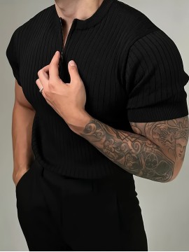 Men's solid color quarter zipper Henry collar short sleeve