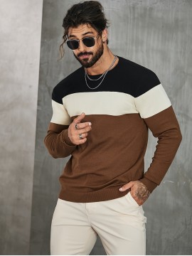Men's Casual Color Block Knitted Sweater - Warm, High Stretch Crew Neck Pullover for Fall/Winter