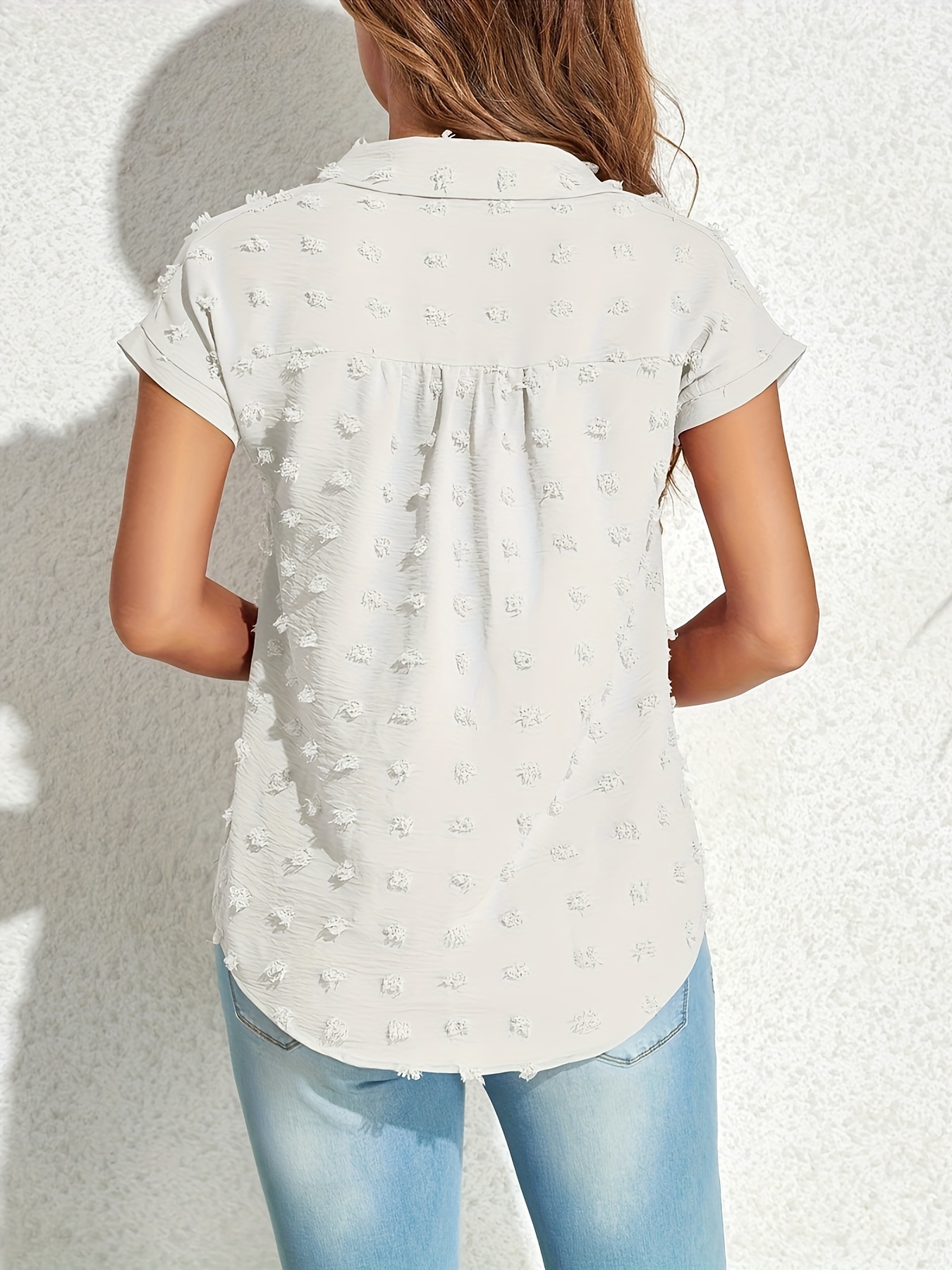 dot button front blouse casual short sleeve blouse for spring summer womens clothing details 0