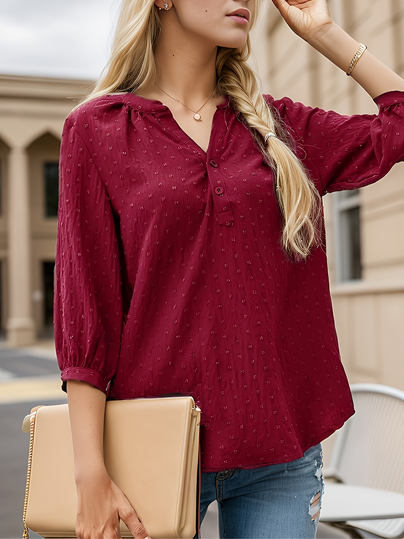 dot button notched neck blouse casual 3 4 sleeve blouse for spring summer womens clothing details 0