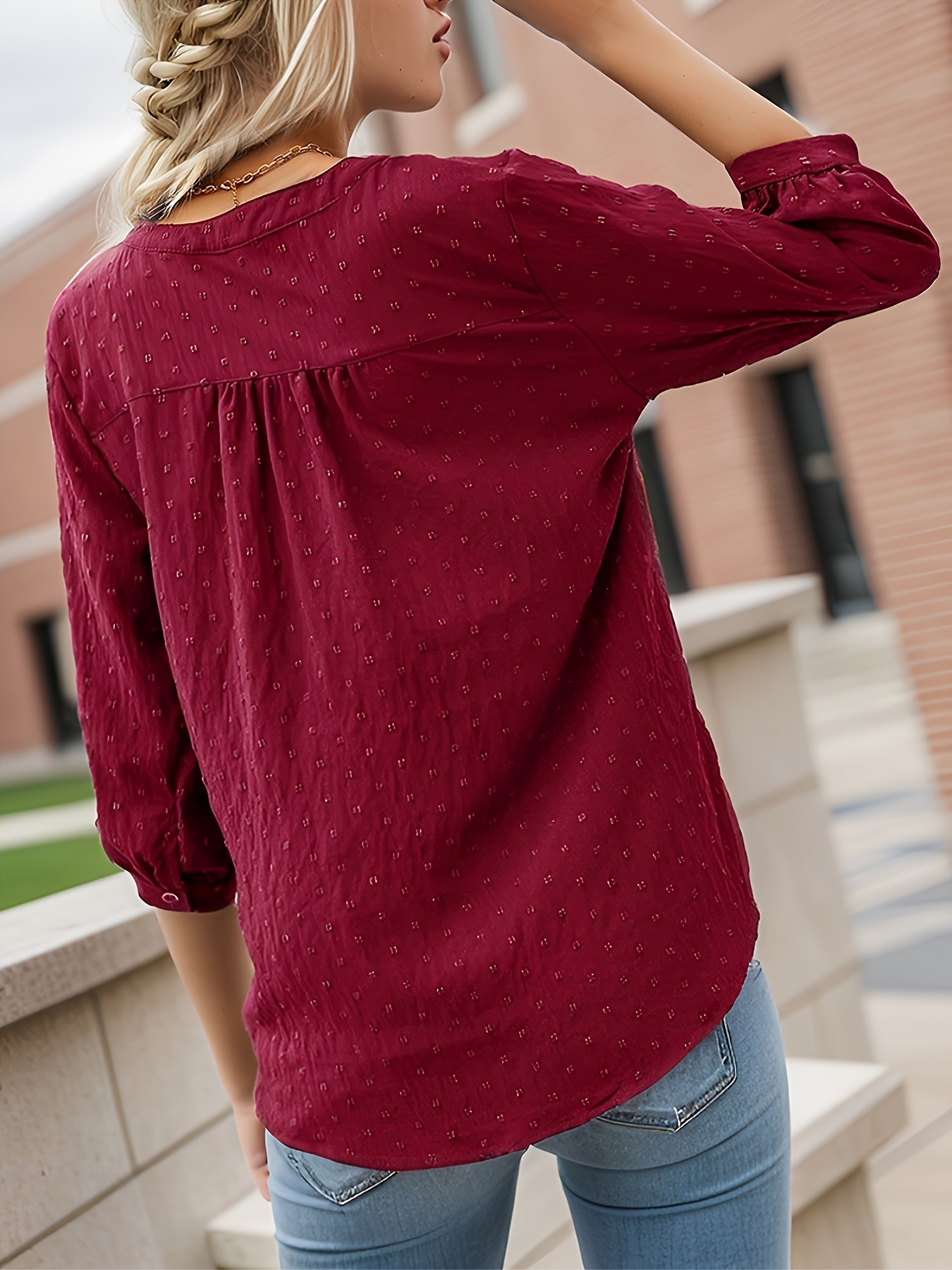 dot button notched neck blouse casual 3 4 sleeve blouse for spring summer womens clothing details 1