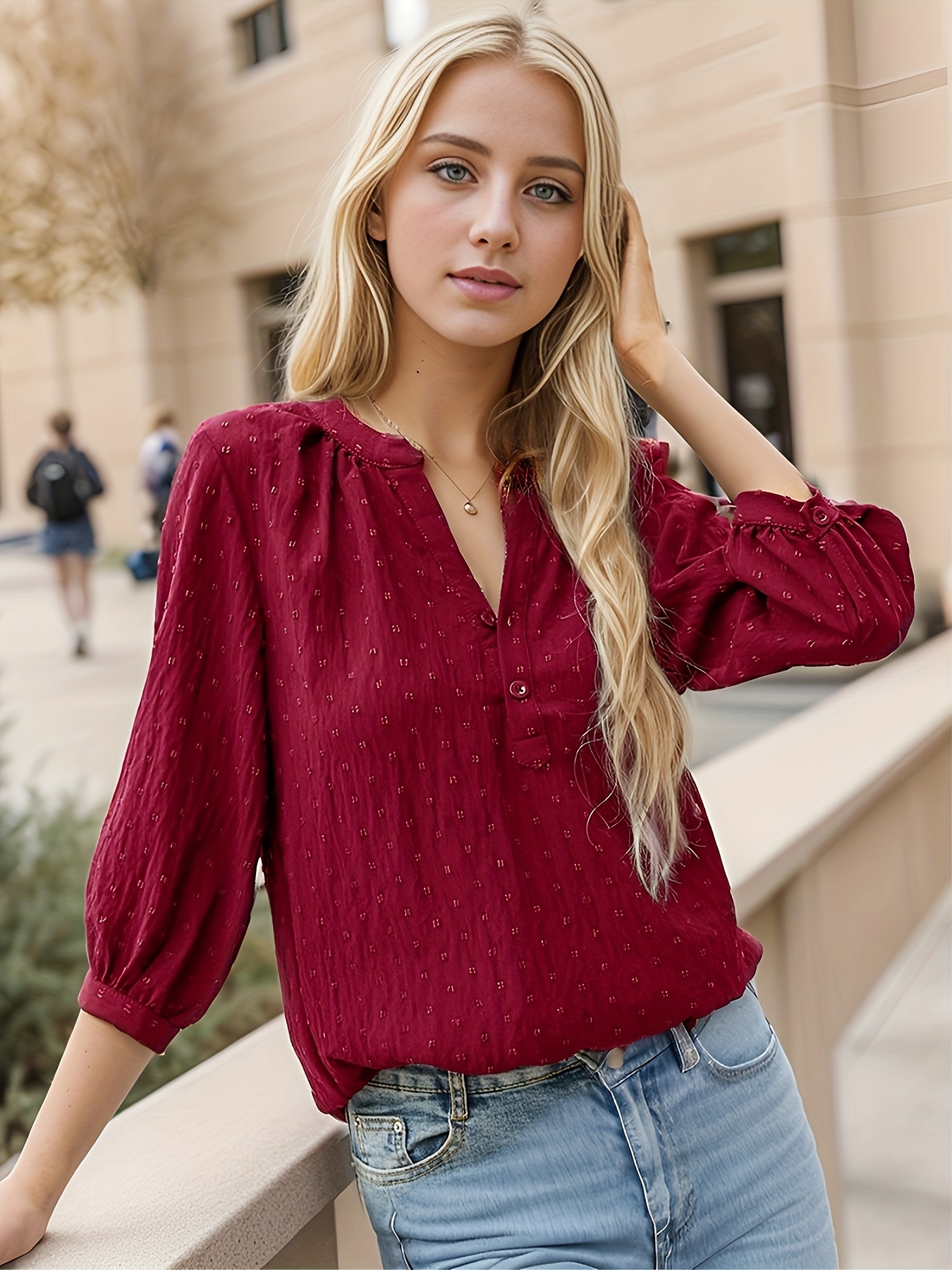 dot button notched neck blouse casual 3 4 sleeve blouse for spring summer womens clothing details 2