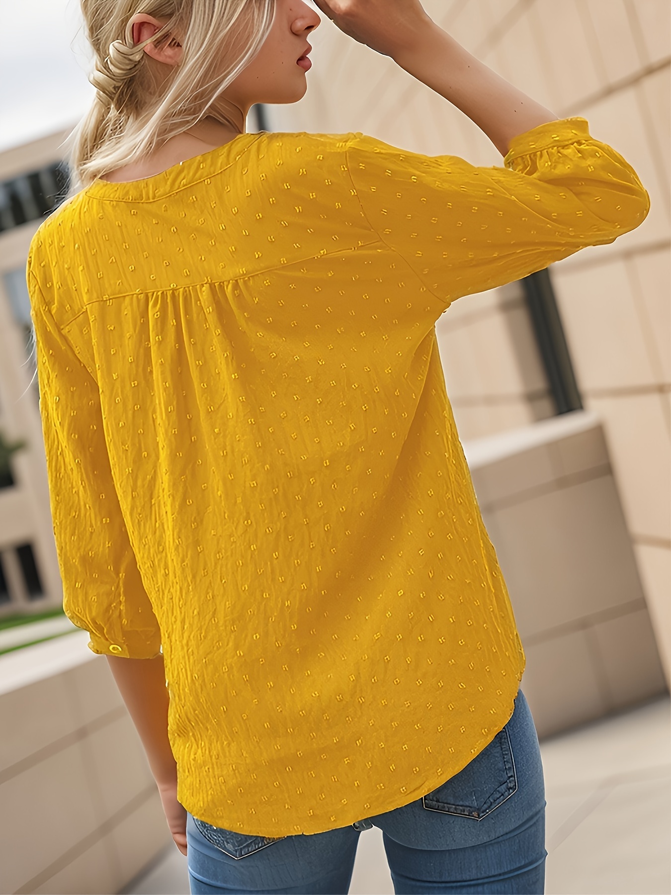 dot button notched neck blouse casual 3 4 sleeve blouse for spring summer womens clothing details 5
