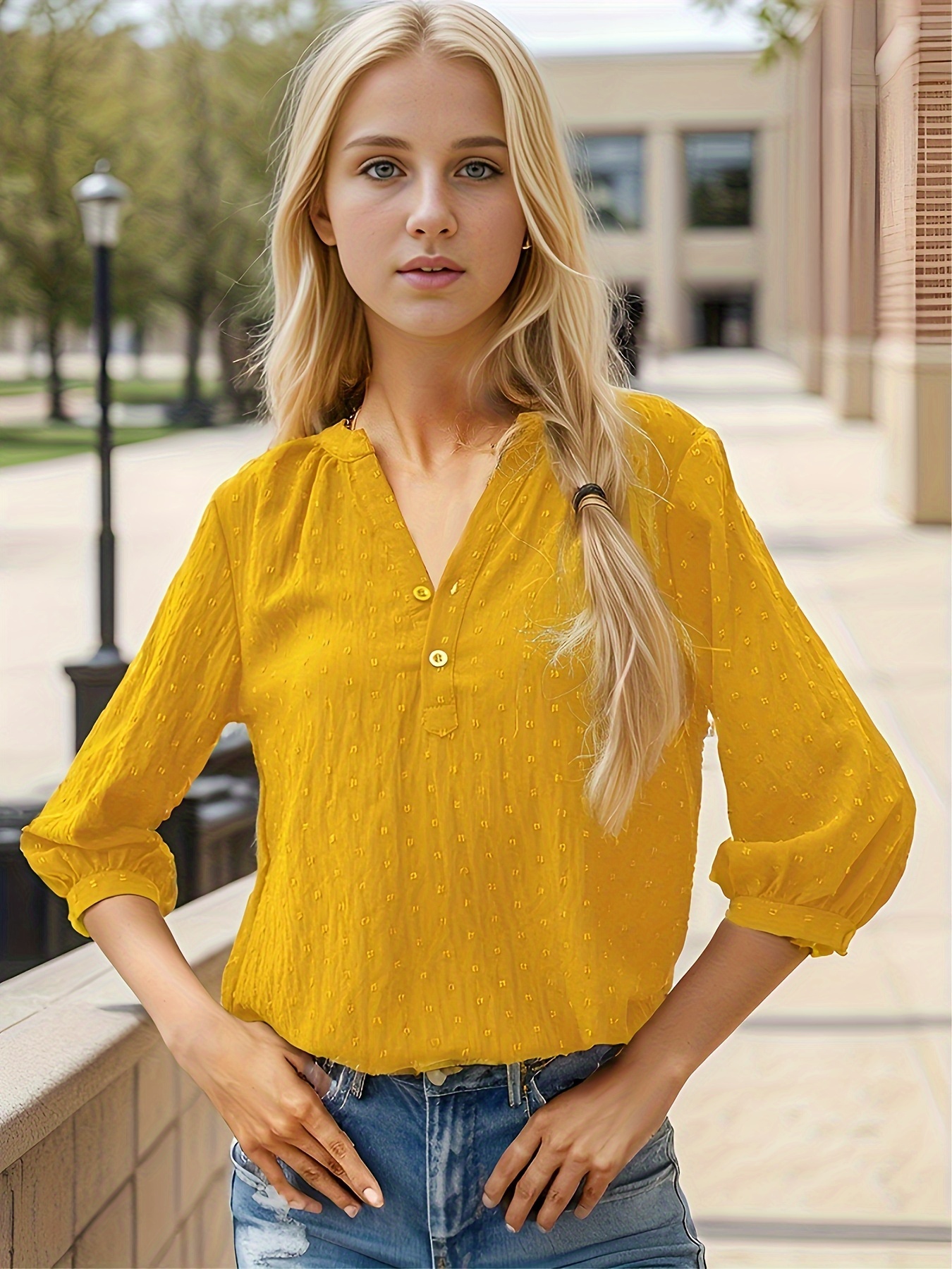 dot button notched neck blouse casual 3 4 sleeve blouse for spring summer womens clothing details 6