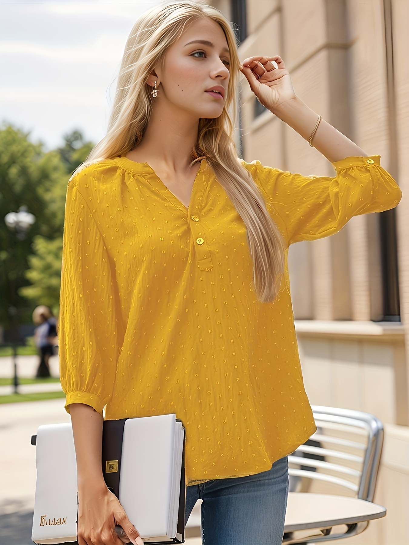dot button notched neck blouse casual 3 4 sleeve blouse for spring summer womens clothing details 9