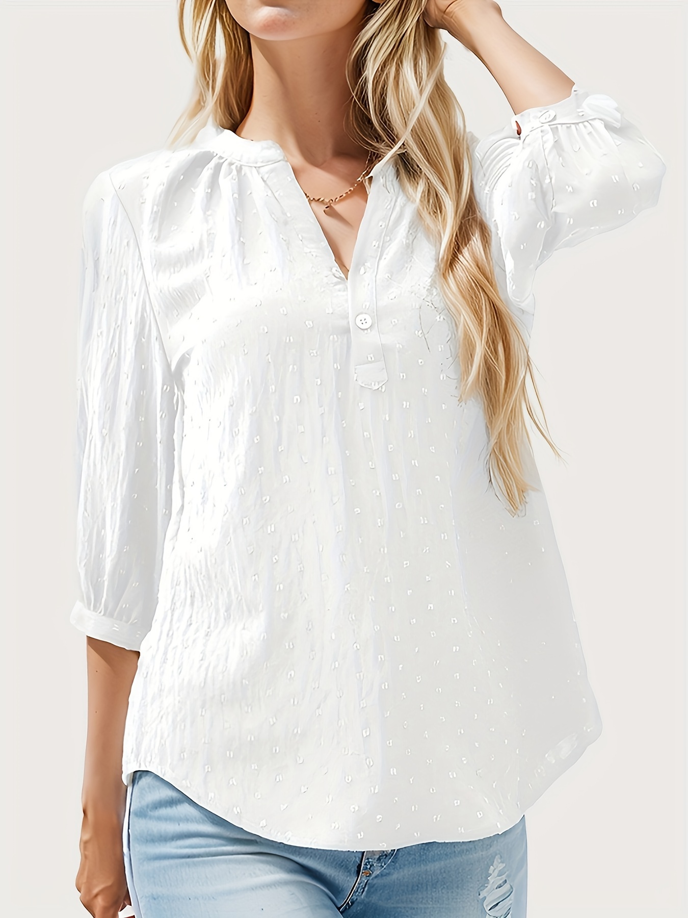 dot button notched neck blouse casual 3 4 sleeve blouse for spring summer womens clothing details 13